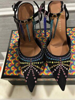 Kurt Geiger Black Crystal-Embellished Pointed Toe Multicolor Tassel Heels 7.5